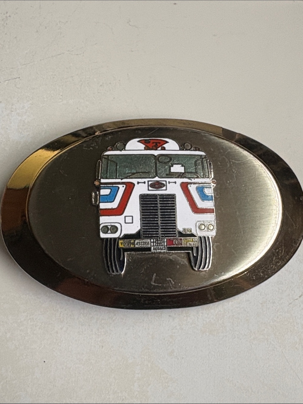 Vintage Truck Emblem Belt Buckle - White with Red & Blue Accents -minor flaw